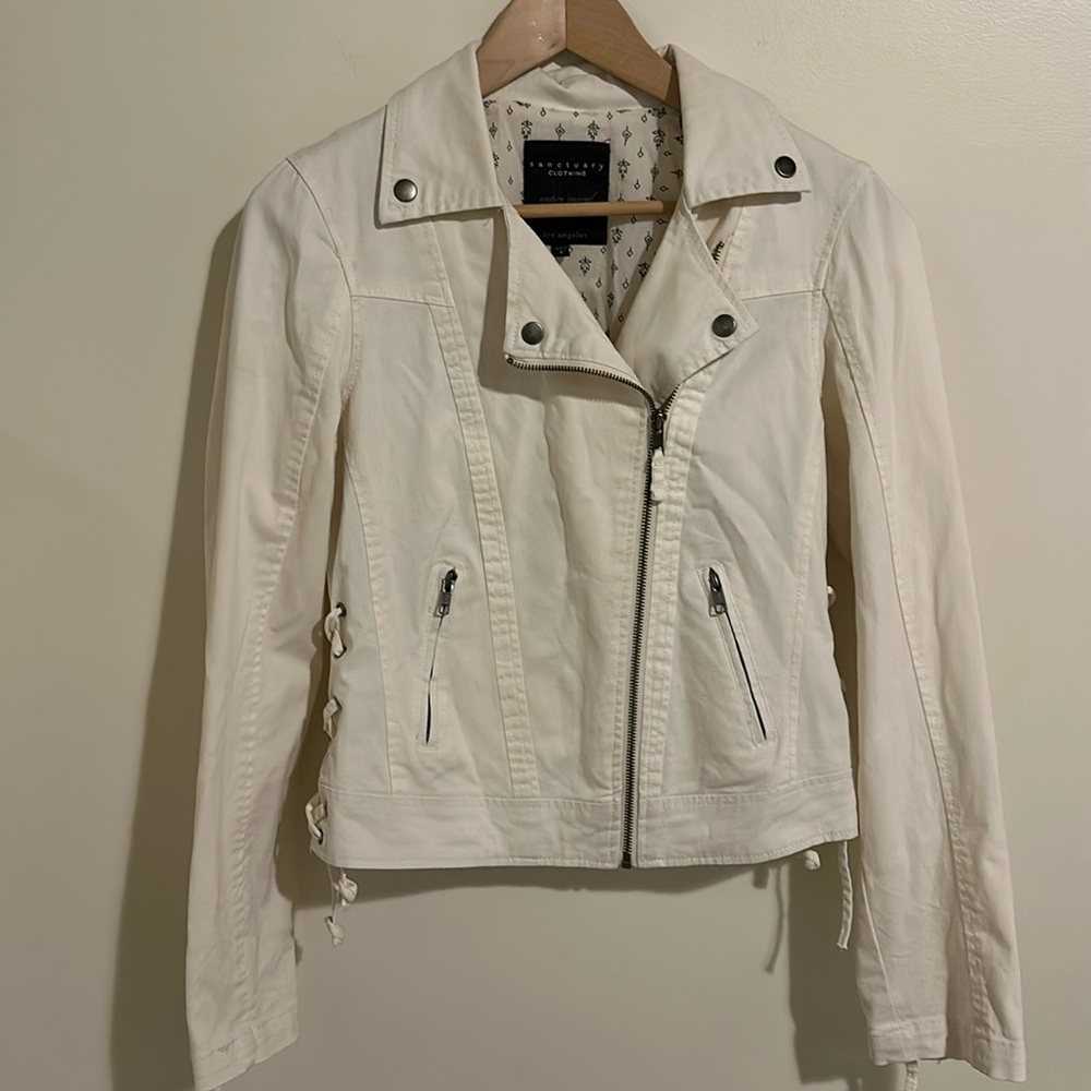 SANCTUARY White Denim Cotton/Spandex Preshrunk Moto Inspired Womens Jacket Sz S